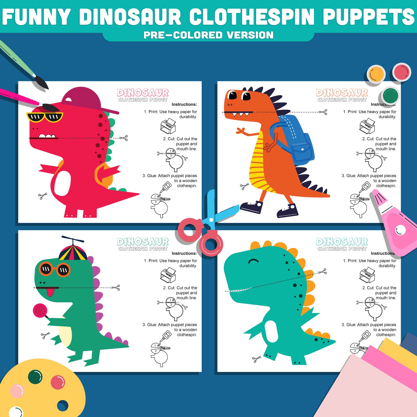 Dinosaur Clothespin Puppets, Funny Dino Puppet Craft for Kids, Color Cut and Create Activity, Printable Dinosaur Set