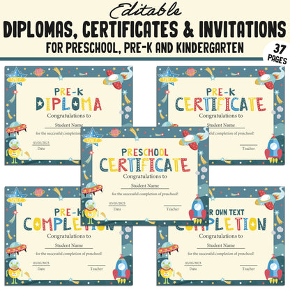 Kindergarten Certificates End of the Year, Preschool, Pre K, Diplomas & Invitations, 37 Customizable PDF Pages, Instant Download