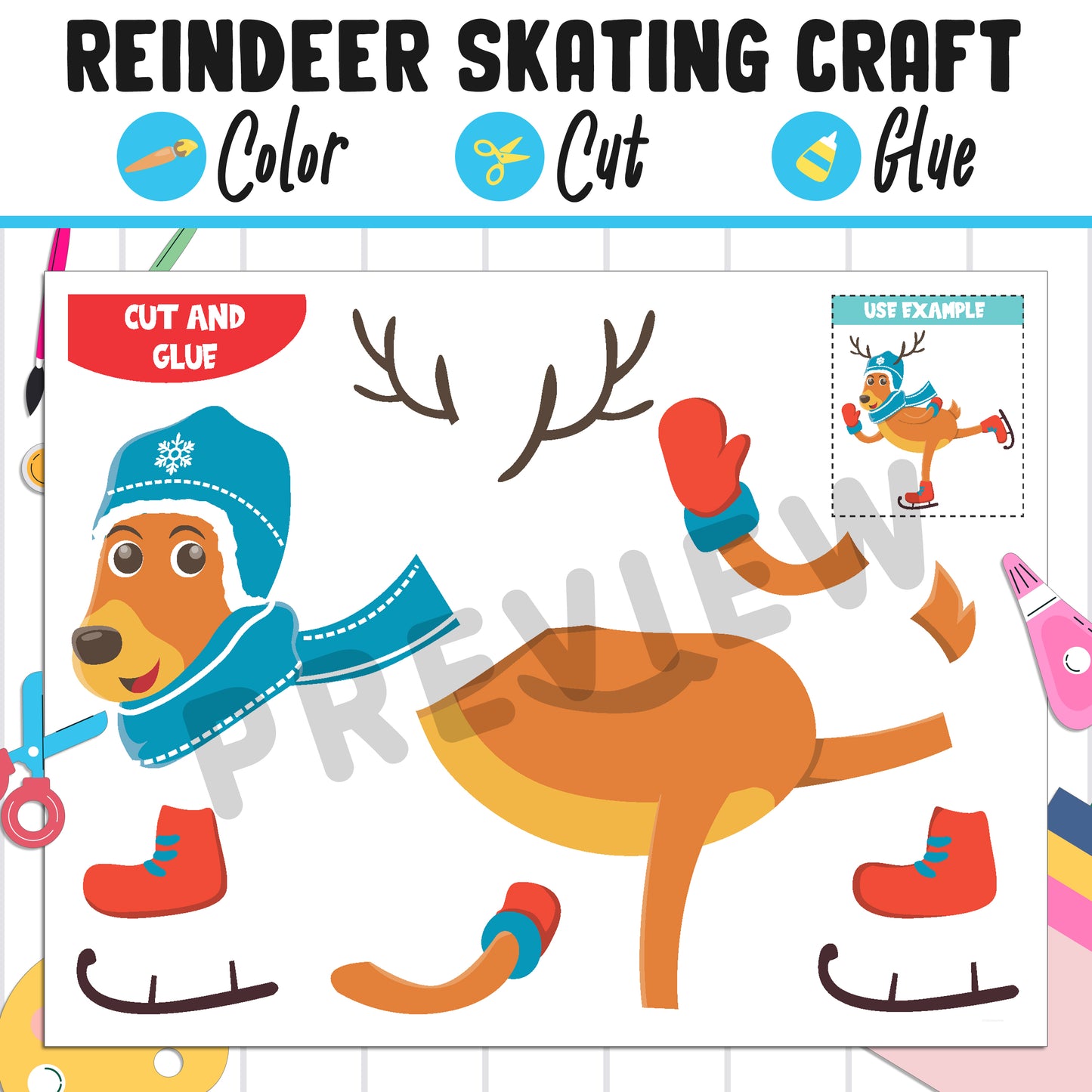 Reindeer Skating Craft : Color, Cut, and Glue, a Fun Activity for Pre K to 2nd Grade, PDF Instant Download