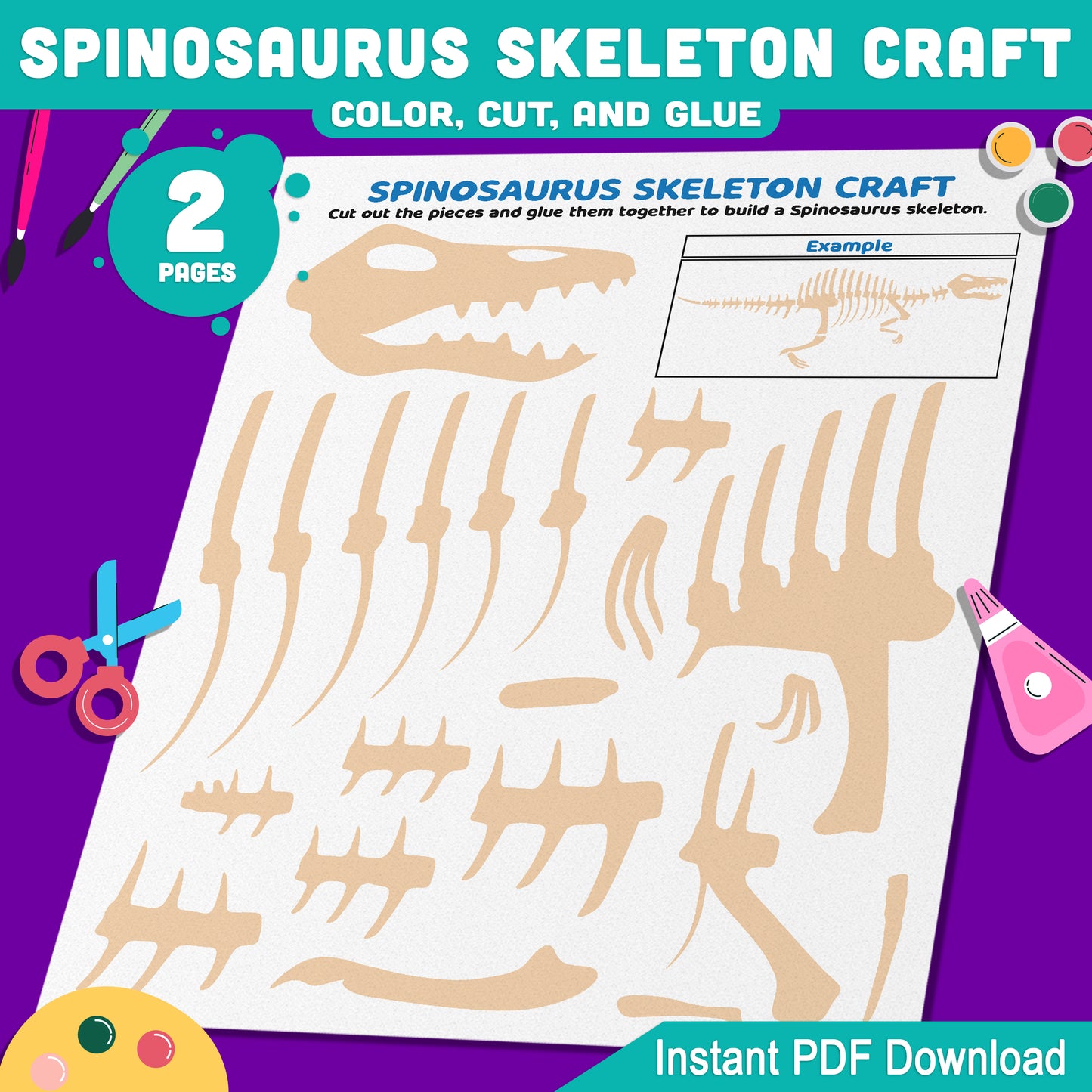 Spinosaurus Skeleton Craft, Build a Dinosaur Skeleton, Printable Cut and Paste Activity, Pre-Colored & Black and White, US Letter, A4 PDF