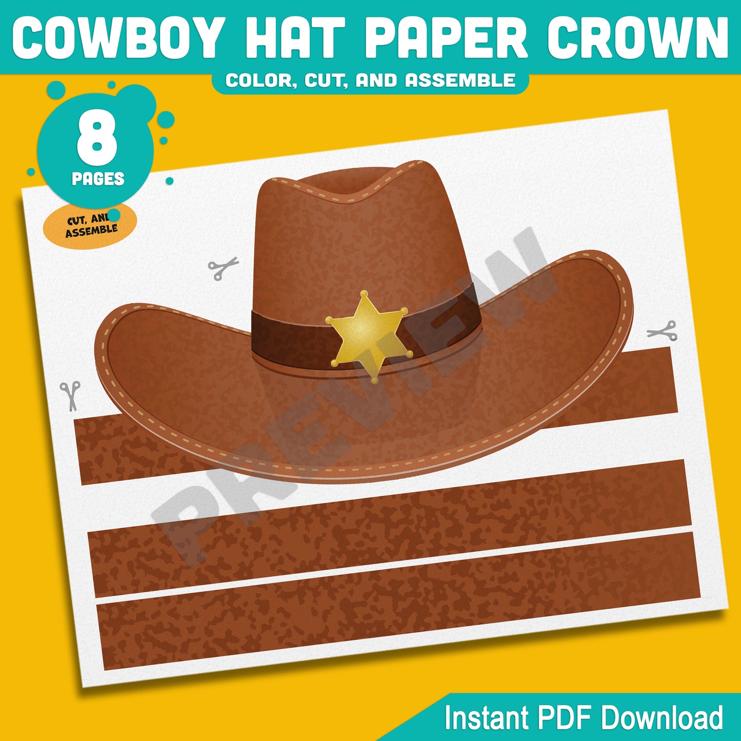 Cowboy and Cowgirl Paper Hat Crowns – Western-Themed Headband Crafts for Kids, 4 Designs, Pre-Colored & Black and White, PDF