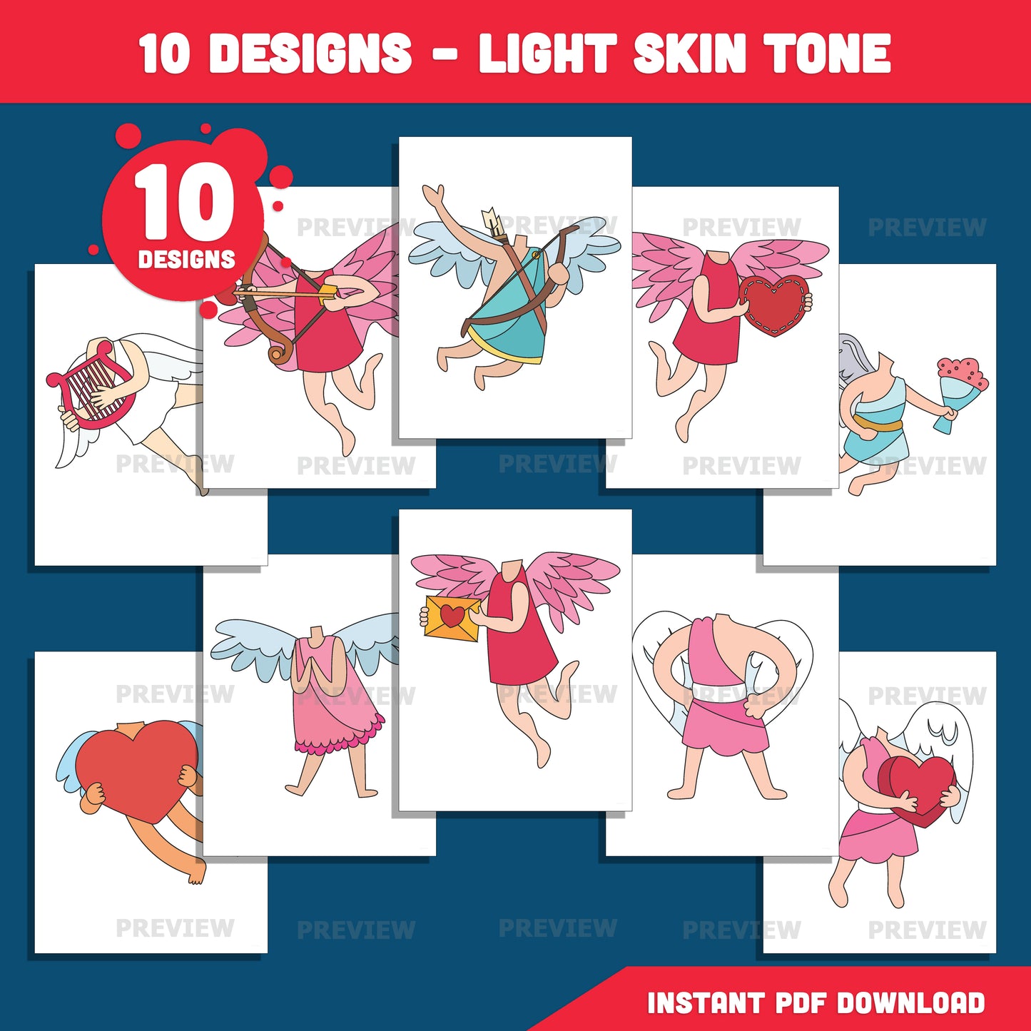 Valentine Cupid Body Templates – Add Your Own Face Crafts, Valentine Activities for Classroom & Home, Coloring Version, High-Res PDF PNG