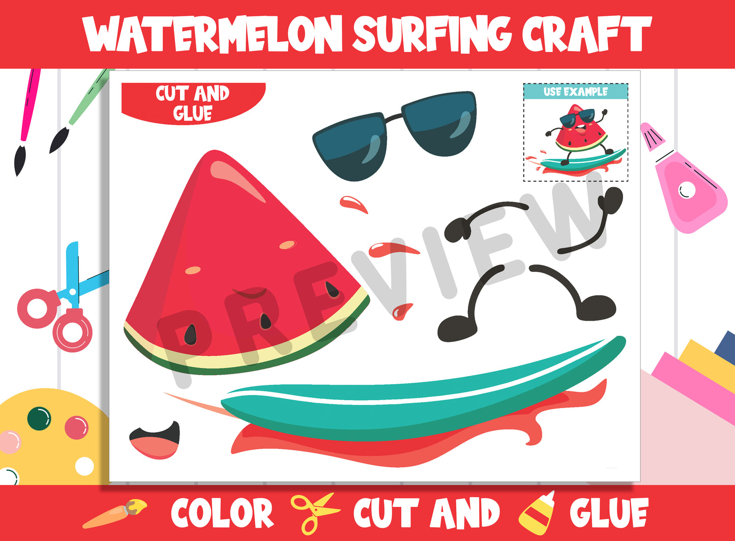 Watermelon Surfing Craft Activity - Color, Cut, and Glue for PreK to 2nd Grade