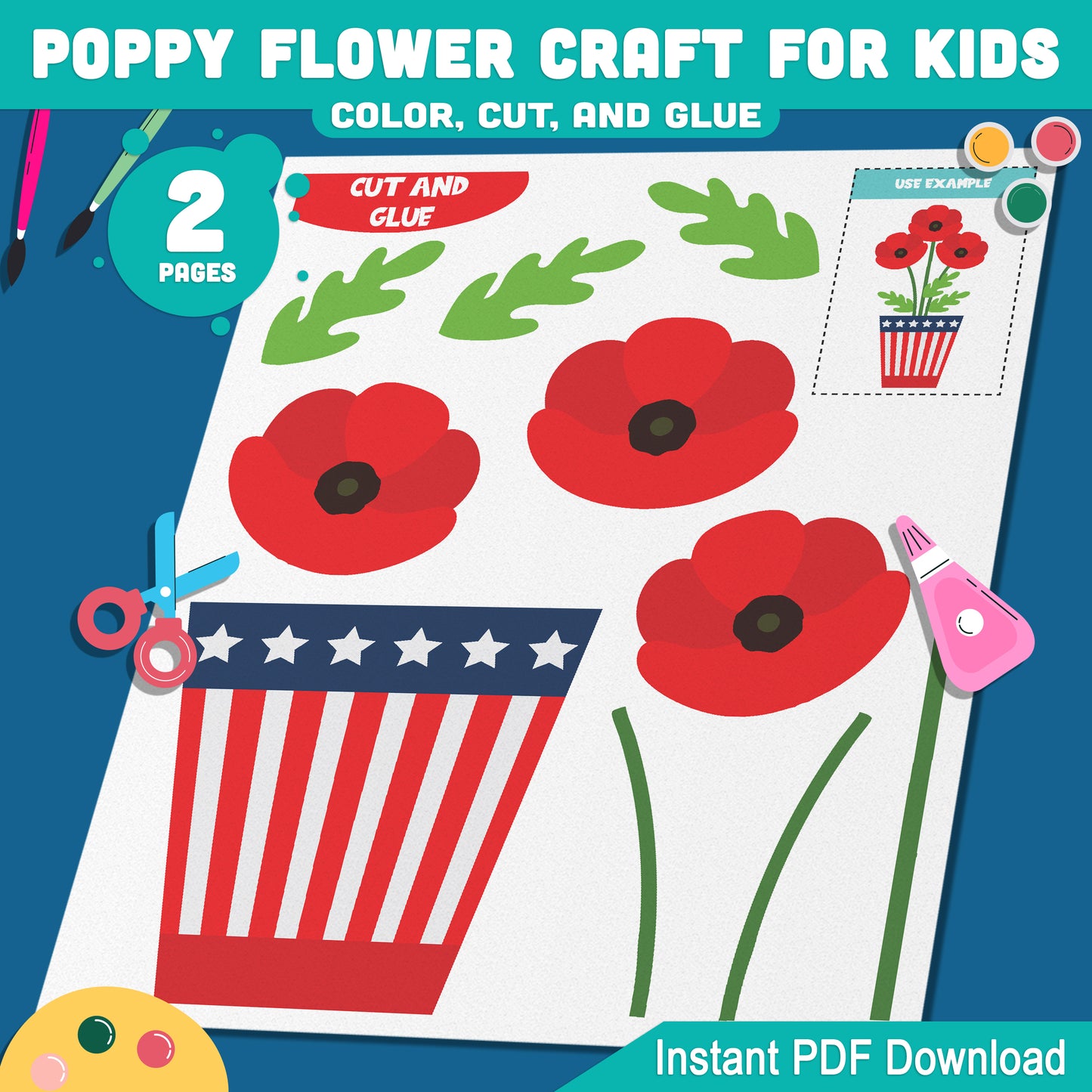 Veterans & Memorial Day Craft for Kids – Printable Poppy Flower to Color, Cut & Glue with Pre-Colored and Black & White Options, Instant PDF