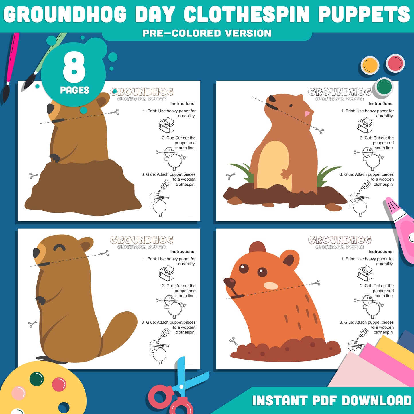 Groundhog Day Clothespin Puppets – Printable Classroom Puppet Project for Kids, Early Finisher Activity, Preschool Pre-K Kindergarten, Pre-color + Black & White