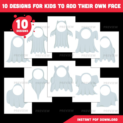 Ghost Body Templates, Photo Craft for Kids, Add Your Own Face, Halloween Activity, 10 Unique Designs, PDF + PNG Files, Coloring Version Included, 300 DPI