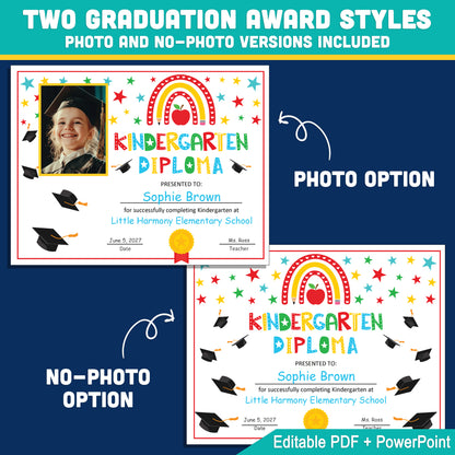 Editable Kindergarten Graduation Diploma & Certificate Set, Photo and No-Photo Awards, Edit in PDF PowerPoint or Canva, Rainbow Stars Graduation