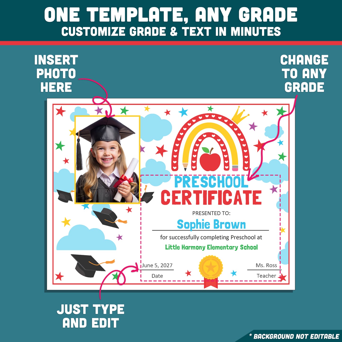 Editable Graduation Certificate, Preschool & Beyond, Any Grade Template, Reusable Diploma or Certificate, With and Without Photo, PDF PowerPoint