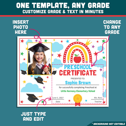 Editable Graduation Certificate, Preschool & Beyond, Any Grade Template, Reusable Diploma or Certificate, With and Without Photo, PDF PowerPoint