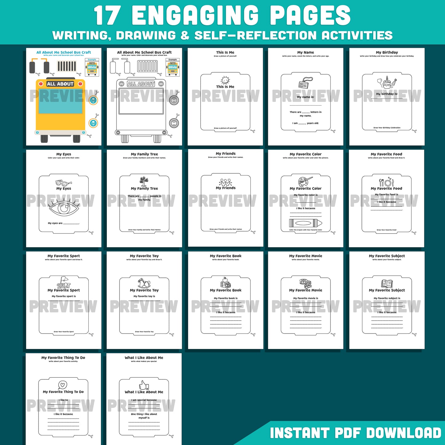 All About Me School Bus Template, Back to School Craft Book, Classroom Community Builder, Writing Craft Activity