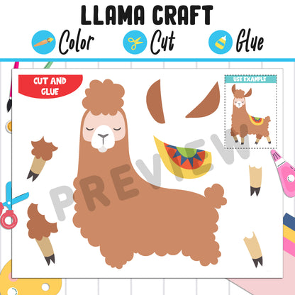 Llama Craft for Kids : Color, Cut, and Glue, a Fun Activity for Kindergarten to 2nd Grade, PDF Instant Download