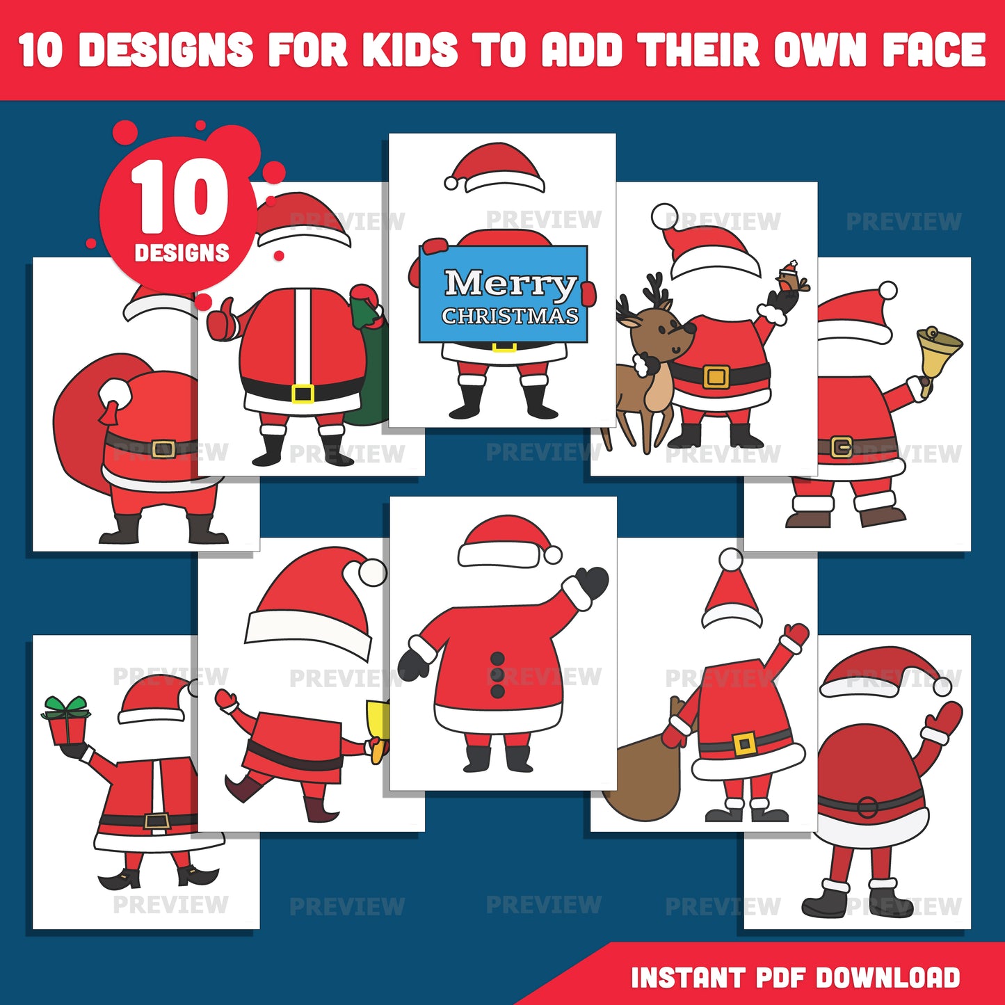 DIY Santa Face Templates – Add Your Own Face Crafts, 10 Designs, Coloring Version Included, High-resolution PDF + PNG Files for Classroom Projects, Home Crafts, and Winter Fun