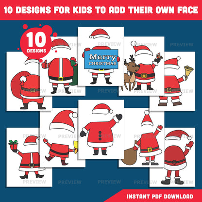 DIY Santa Face Templates – Add Your Own Face Crafts, 10 Designs, Coloring Version Included, High-resolution PDF + PNG Files for Classroom Projects, Home Crafts, and Winter Fun