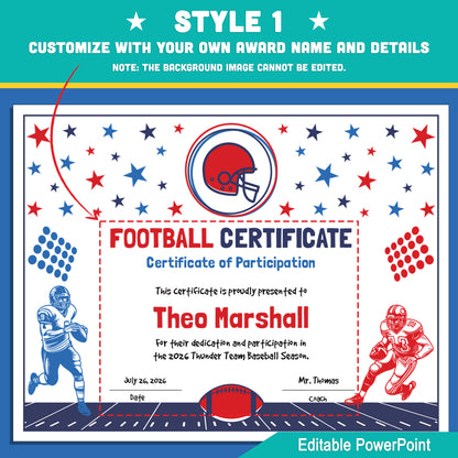 Editable Football Certificates | 4 Styles with Photo Options | Youth Team Awards, Player Recognition - 8.5x11 PowerPoint Instant Download