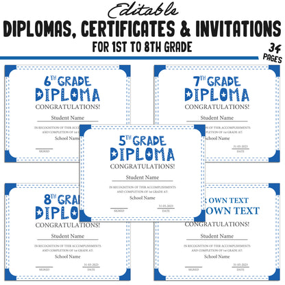 Printable 1st Grade Diplomas, Certificates, and Invitation Templates in a Simple & Modern Blue Theme - PDF Instant Download