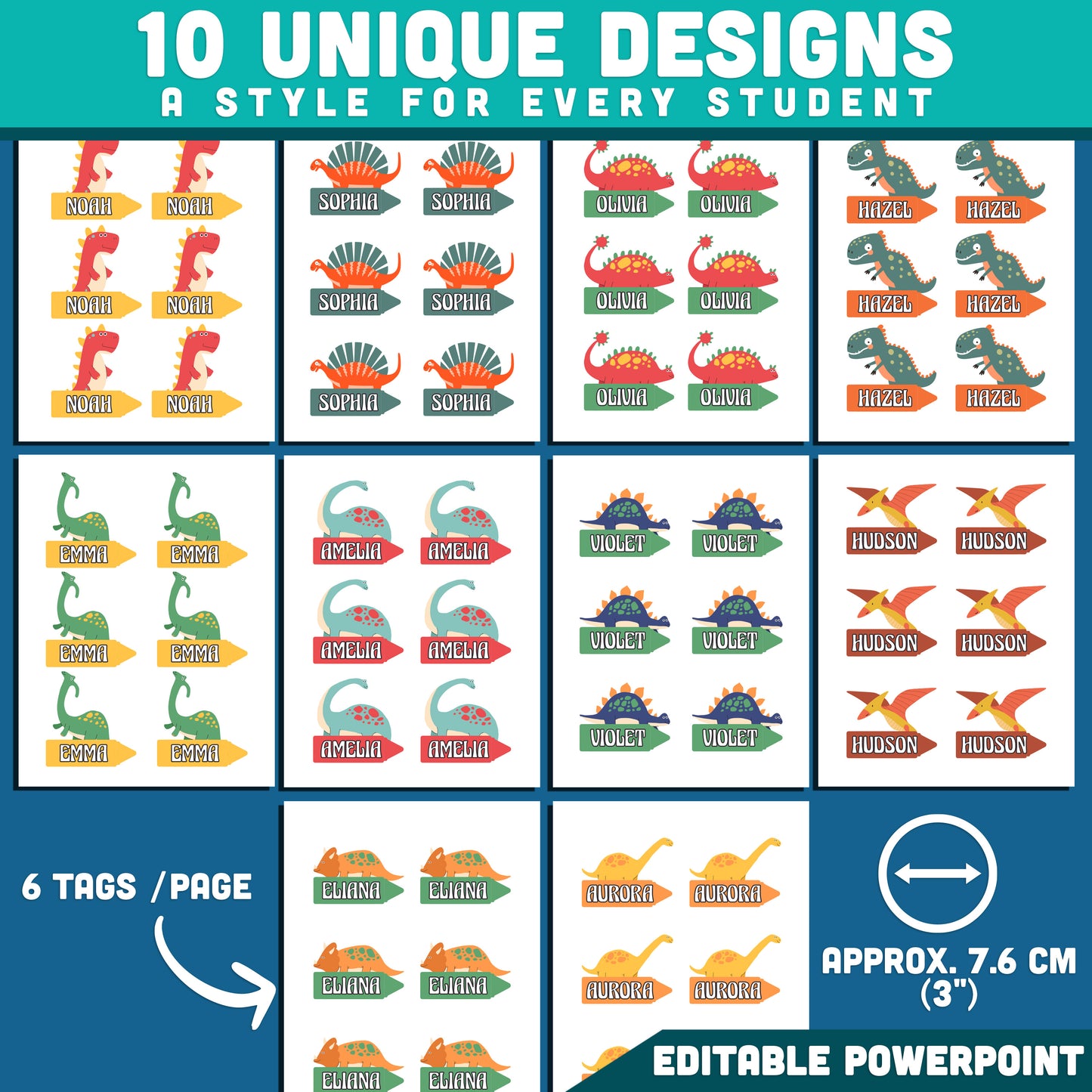 Dinosaur Name Tags, Editable Locker & Cubby Labels, Personalized Classroom Labels, PowerPoint Template, 10 Dinosaur Designs, US Letter, A4