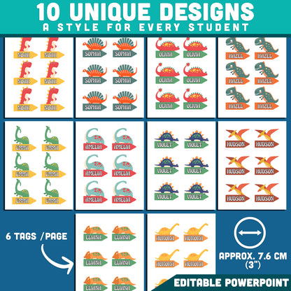 Dinosaur Name Tags, Editable Locker & Cubby Labels, Personalized Classroom Labels, PowerPoint Template, 10 Dinosaur Designs, US Letter, A4