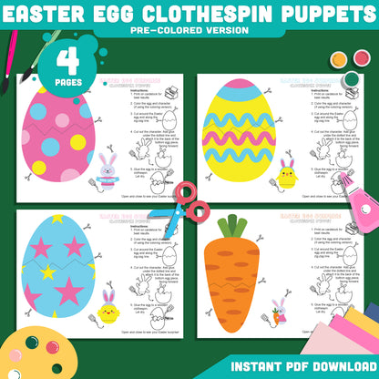 Easter Egg Surprise Craft Printable, Clothespin Puppets Template for Kids with Bunny and Chick, Spring Puppet Craft, 4 Designs, Instant Download