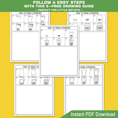 Lemonade Directed Drawing Worksheets, How to Draw Lemonade Step by Step Guide, Summer Drawing Activity, 5 Pages + Coloring Sheets