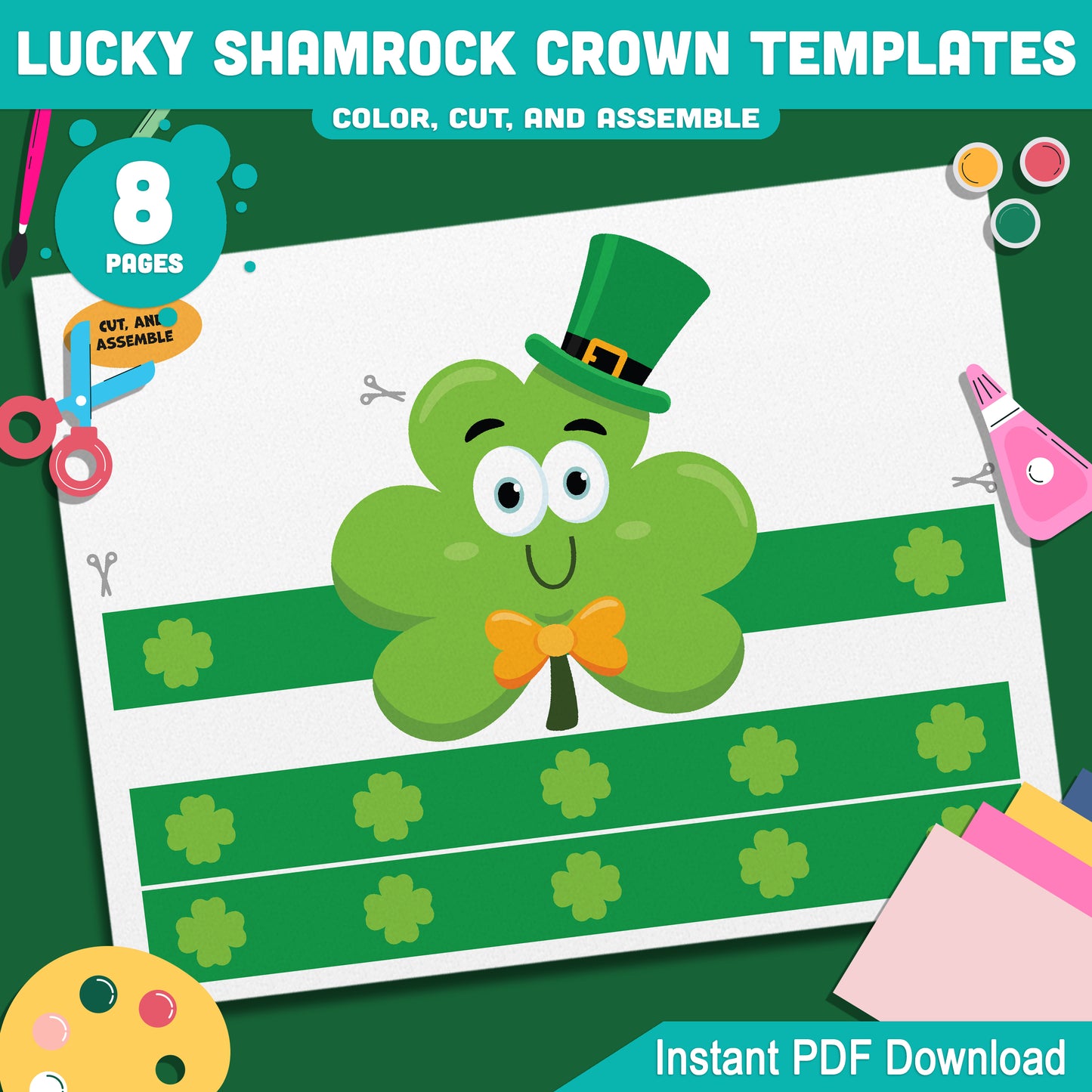 Lucky Shamrock Crown Templates – St. Patrick’s Day Wearable Craft, Shamrock Paper Crowns, Leprechaun School Headband, Play Party Hat, Pre-color + Black & White