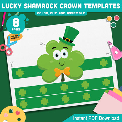 Lucky Shamrock Crown Templates – St. Patrick’s Day Wearable Craft, Shamrock Paper Crowns, Leprechaun School Headband, Play Party Hat, Pre-color + Black & White