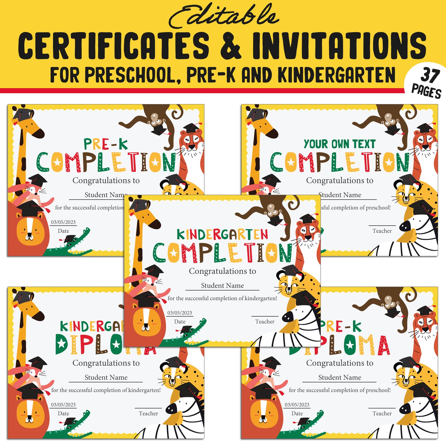 Fun Editable Certificates and Invitations for Preschool, Pre-K, and Kindergarten – 37 Customizable Pages, PDF Instant Download