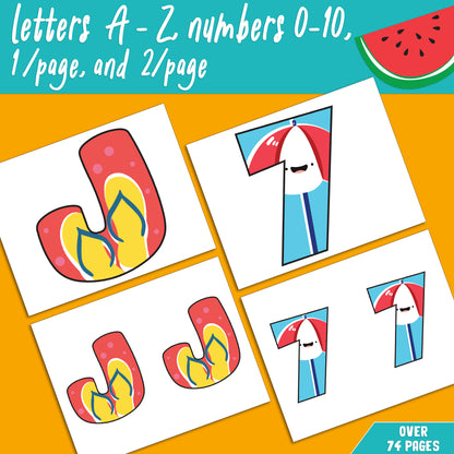 Summer Alphabet and Numbers for Kids: A-Z and 0-10, 1 or 2 Per Page Printable Templates for Bulletin Boards, Classroom Decor, and Learning Projects