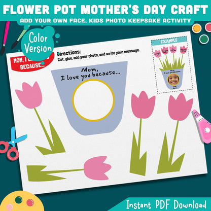 Mother’s Day Flower Pot Craft, Student Picture Craft with Writing Prompt, Printable Coloring Cutting Project, Gift for Mom Grandma or Family, Black White Color