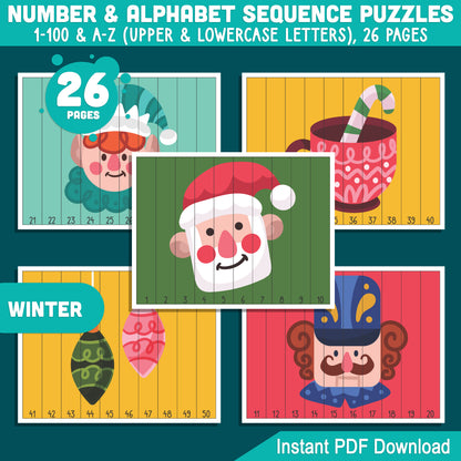 Festive Christmas and Winter Holiday Puzzles: Number 1-100 and Alphabet A-Z Activities for Kids, Ideal for Preschool Math Centers, Printable PDF Download