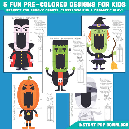 Halloween Paper Puppet Characters: 10 Fun Designs, 5 Ready to Use + 5 to Color, High Resolution 300 DPI, Perfect for Holiday Classroom and Home Crafts