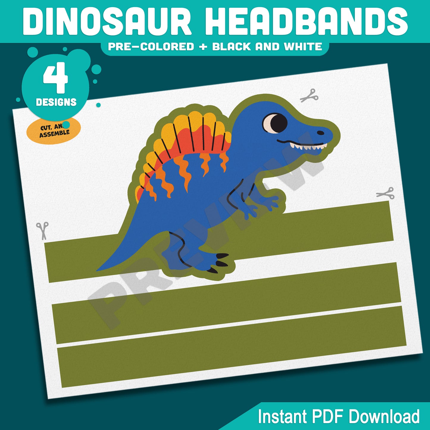 Printable Dinosaur Headbands, Paper Crowns, Color Your Own Hats, Dinosaur Craft Activity, Pre-Colored, Black & White, US Letter, A4