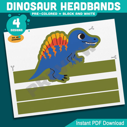 Printable Dinosaur Headbands, Paper Crowns, Color Your Own Hats, Dinosaur Craft Activity, Pre-Colored, Black & White, US Letter, A4