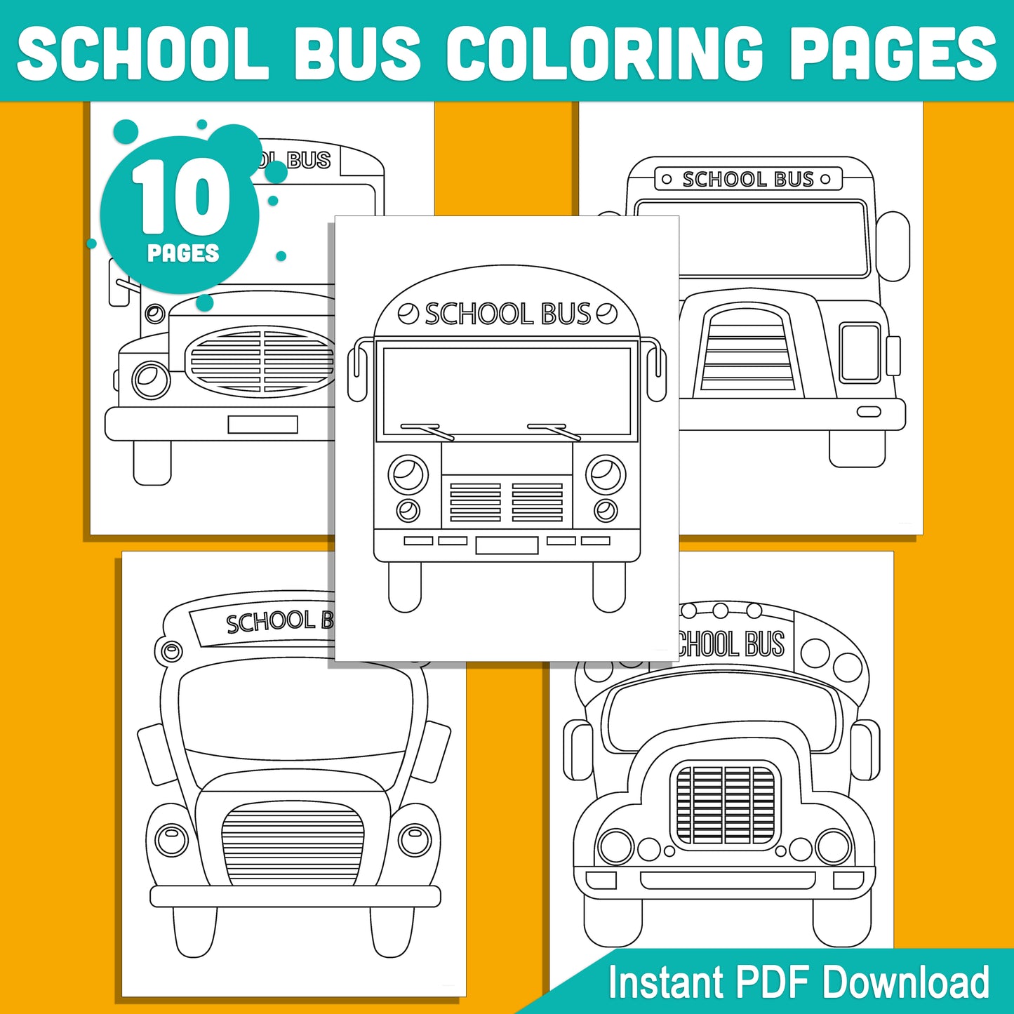 School Bus Coloring Pages, 10 Big Bus Designs in Black & White, Perfect for Kids' Back to School Fun, 8.5x11", PDF Instant Download