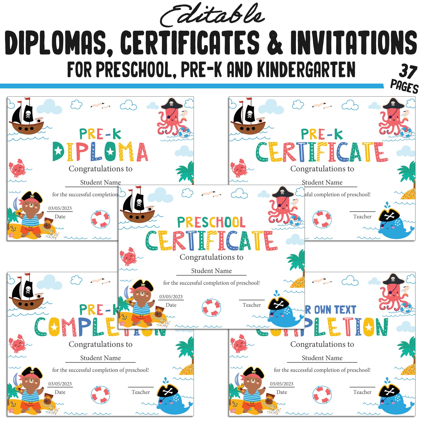 Printable / Editable Kindergarten, Pre-K, Preschool Completion Certificates, Diplomas & Invitations, PDF Files, Instant Download