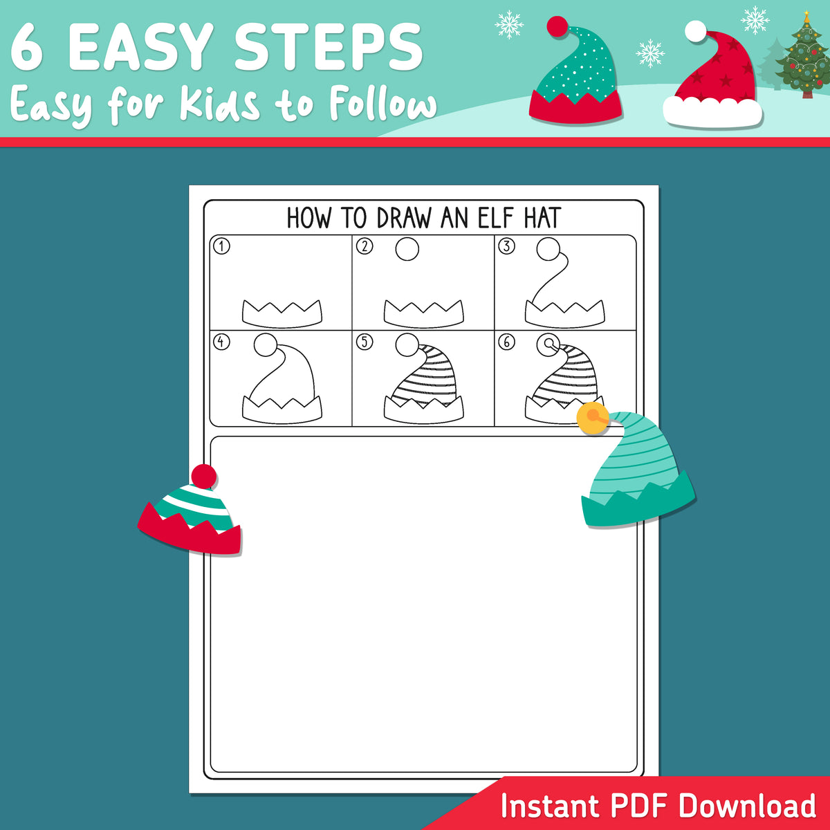 How to Draw an Elf Hat, Christmas Directed Drawing, 6 Steps + 5 Coloring Pages