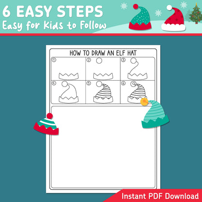 How to Draw an Elf Hat, Christmas Directed Drawing, 6 Steps + 5 Coloring Pages