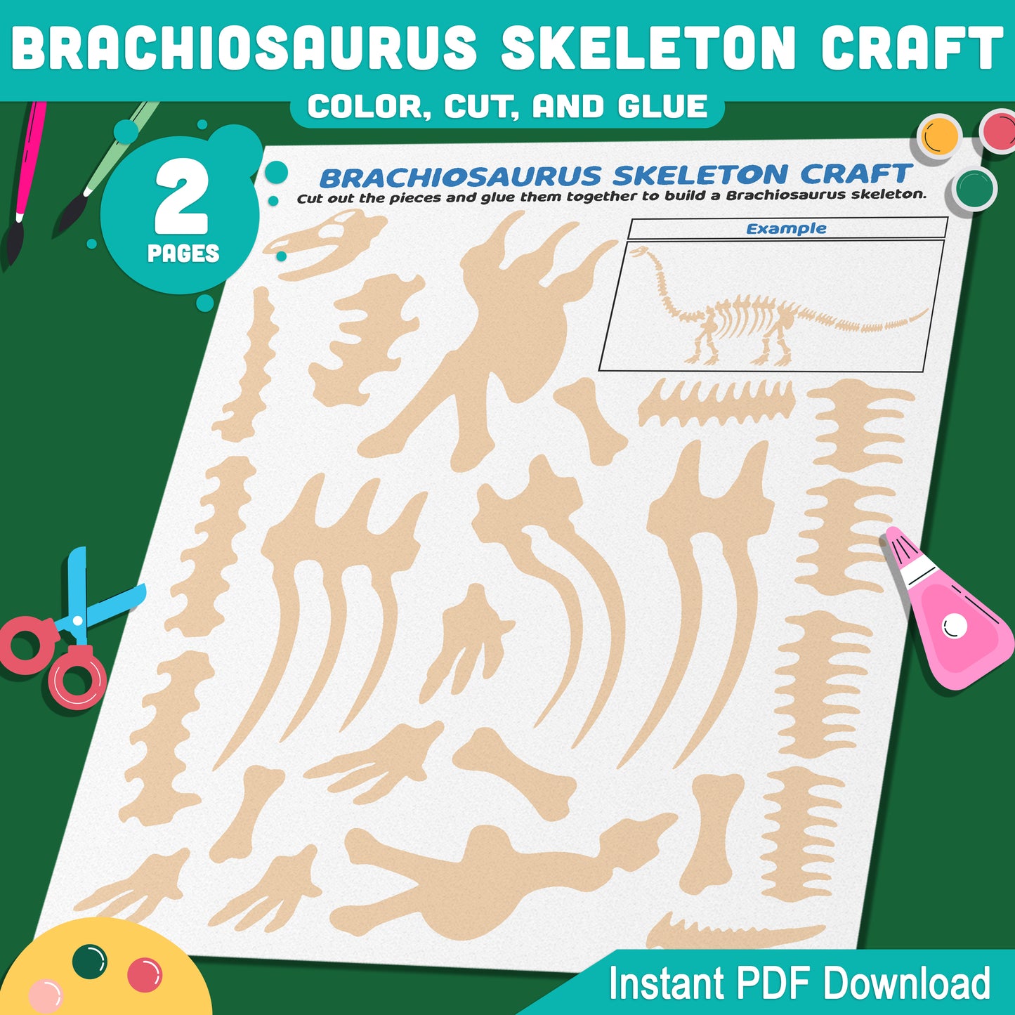 Brachiosaurus Skeleton Craft, Dinosaur Cut and Paste Activity, Printable Pre-Colored & Black and White, US Letter, A4 PDF