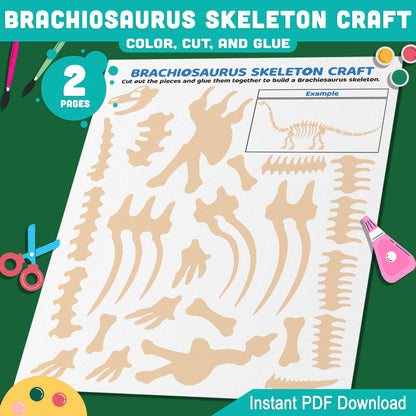 Brachiosaurus Skeleton Craft, Dinosaur Cut and Paste Activity, Printable Pre-Colored & Black and White, US Letter, A4 PDF