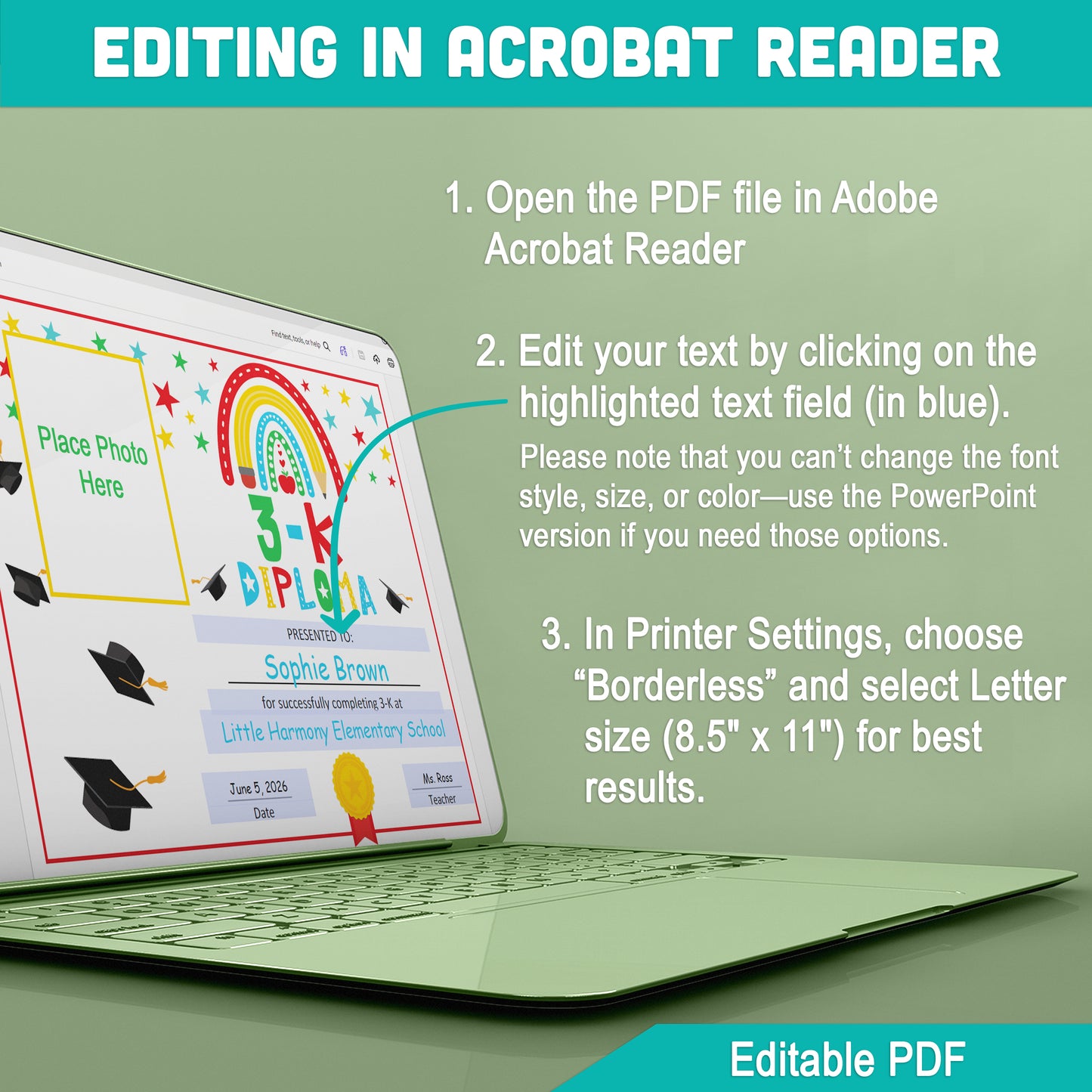 Editable 3-K Diploma with Photo Graduation Certificate Template, K-3 Photo Certificate Printable, Editable PDF and Editable PowerPoint, Letter Size