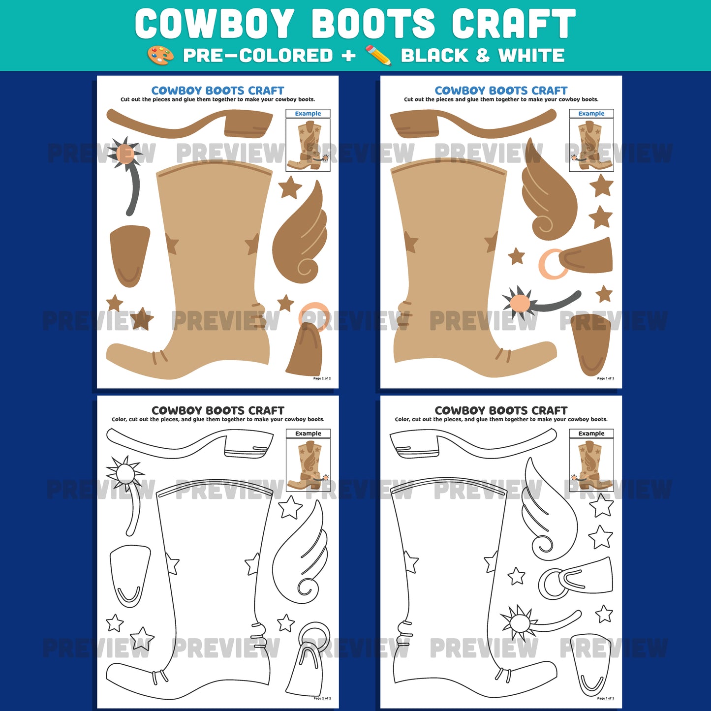 Cowboy & Cowgirl Boots Craft, Wild West Activity, Western Cut and Paste Craft, Summer Printable, Back to School Classroom Activity PDF