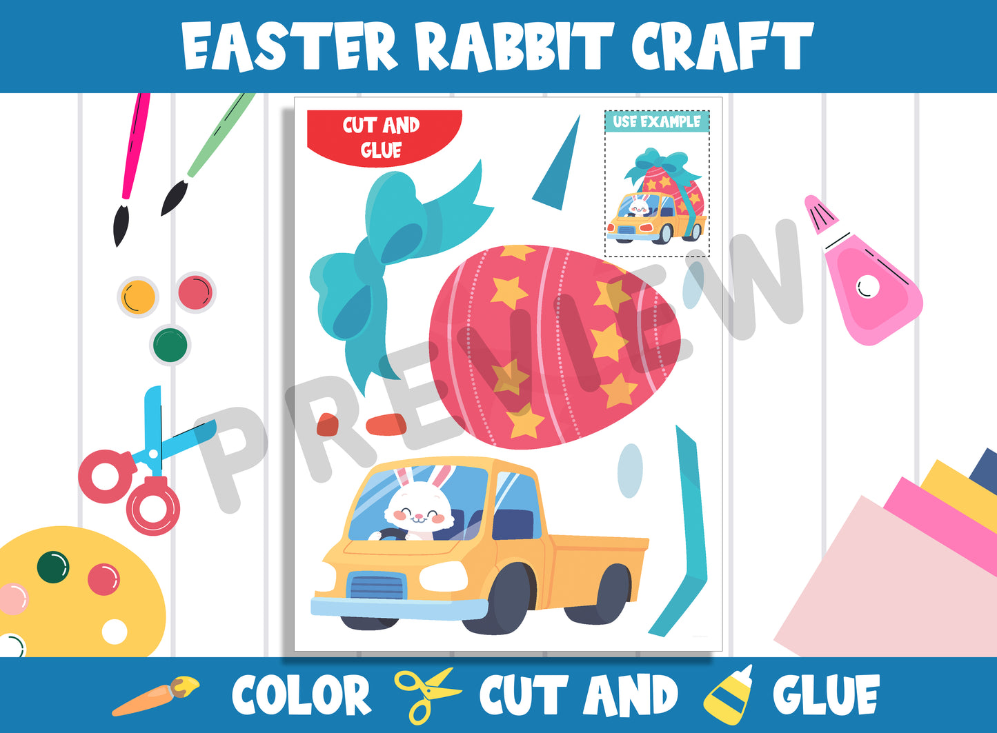 Printable Easter Rabbit Craft Activity - Color, Cut, and Glue for PreK to 2nd Grade, PDF File, Instant Download