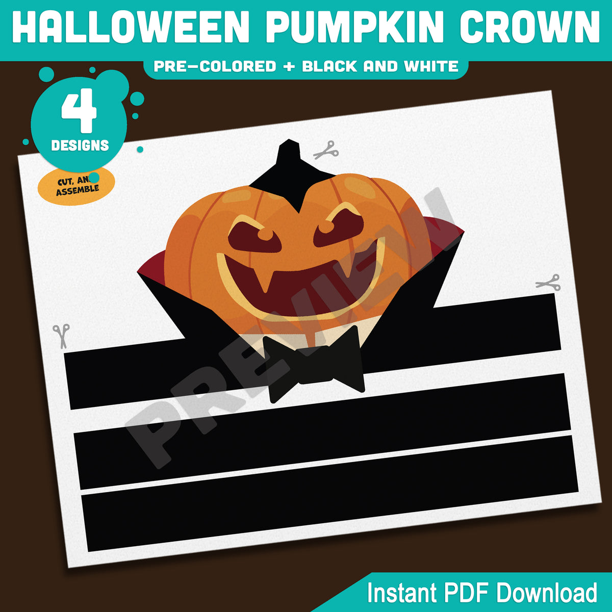 Halloween Pumpkin Crown, Printable Pumpkin Headband, Paper Hat Craft, Pre-Colored and Black & White, 4 Designs, Halloween Activity, A4, US Letter
