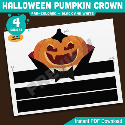 Halloween Pumpkin Crown, Printable Pumpkin Headband, Paper Hat Craft, Pre-Colored and Black & White, 4 Designs, Halloween Activity, A4, US Letter