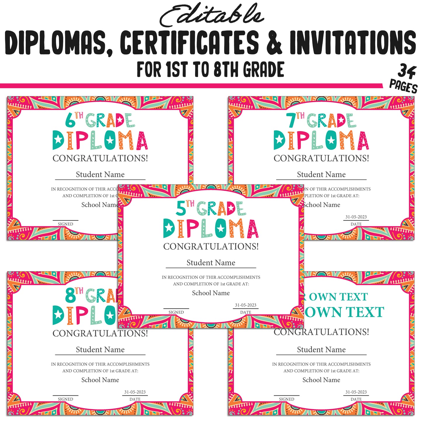 Printable 7th Grade Diplomas, Editable Certificates for 1st-8th Grades, Invitation Templates in Mandala Design, 34 Pages, Instant Download