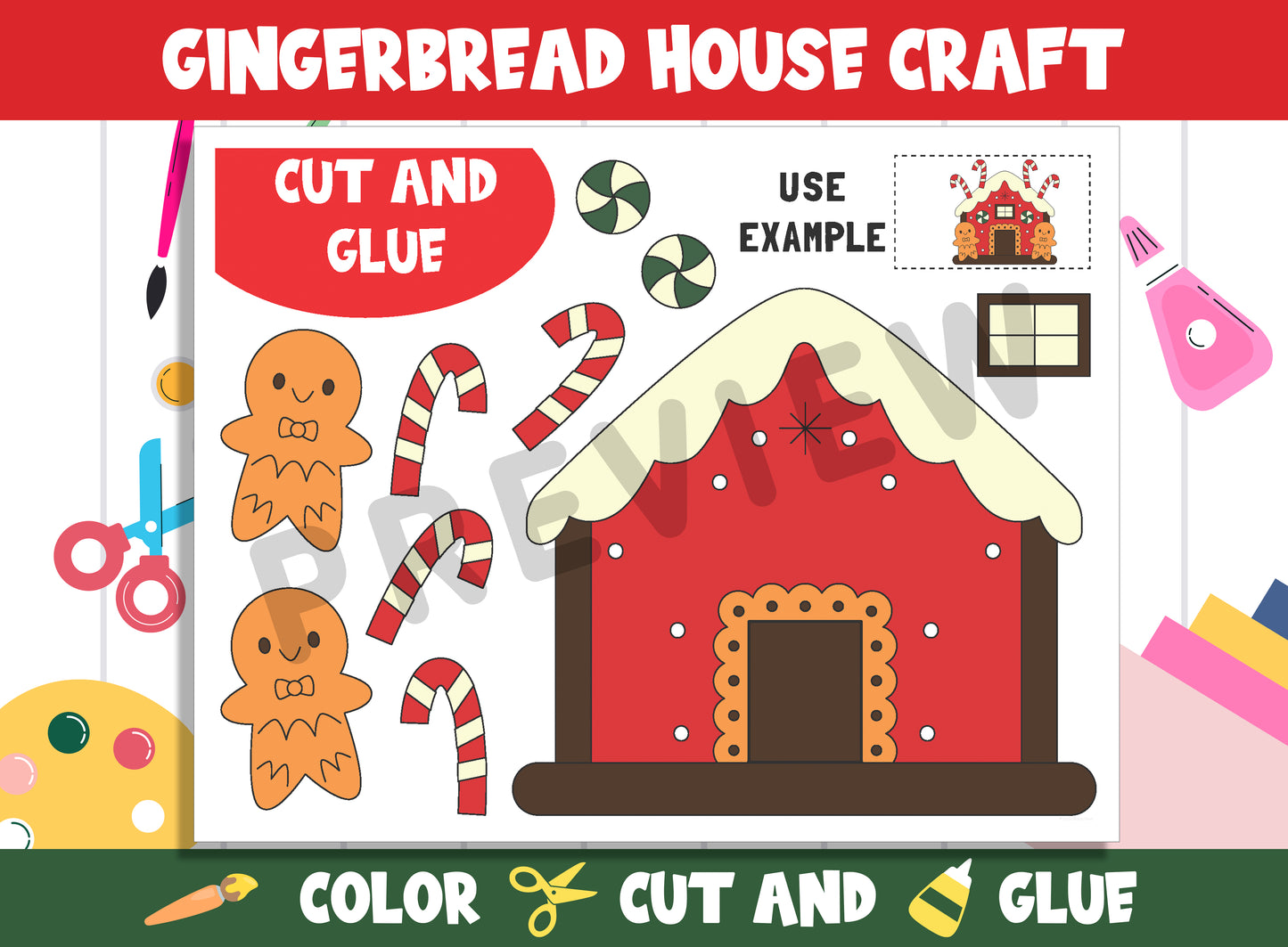 Gingerbread House Craft for Kids: Color, Cut, and Glue, PDF File, Instant Download