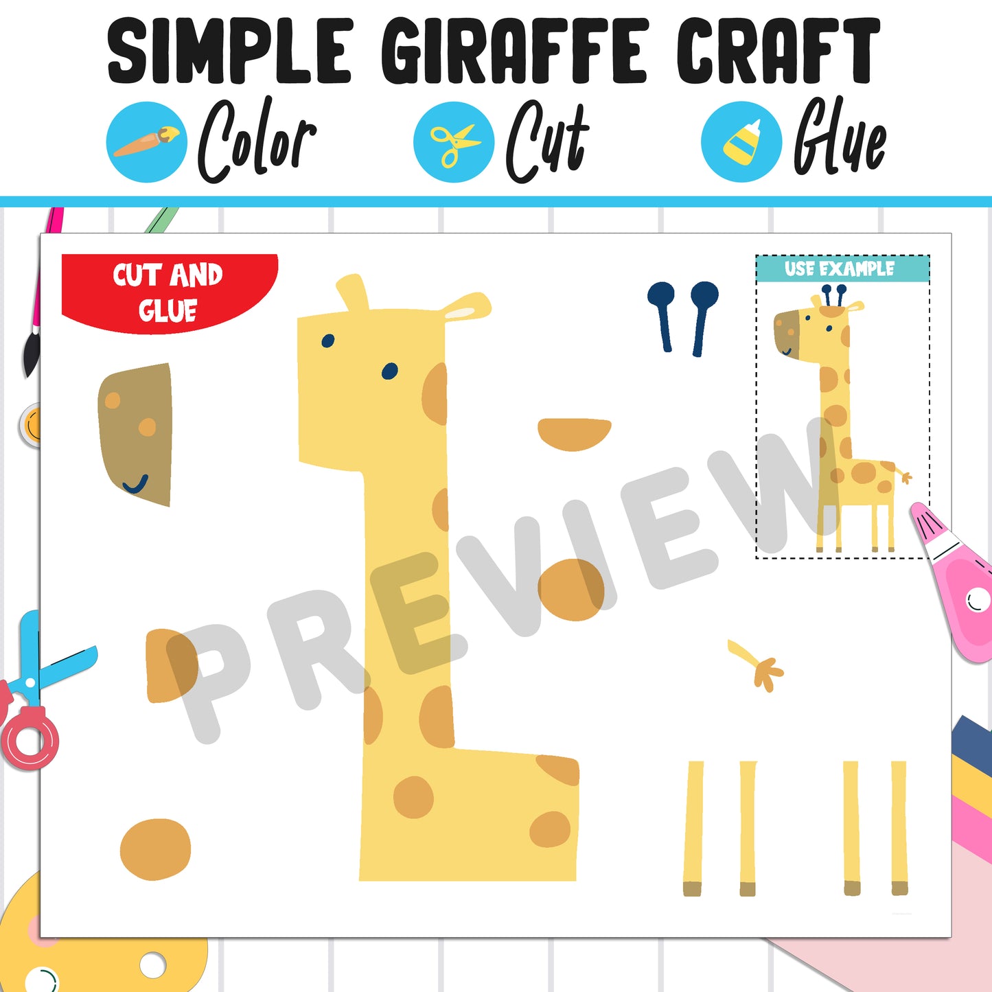 Simple Giraffe Craft for Kids : Color, Cut, and Glue, a Fun Activity for Pre K to 2nd Grade, PDF Instant Download