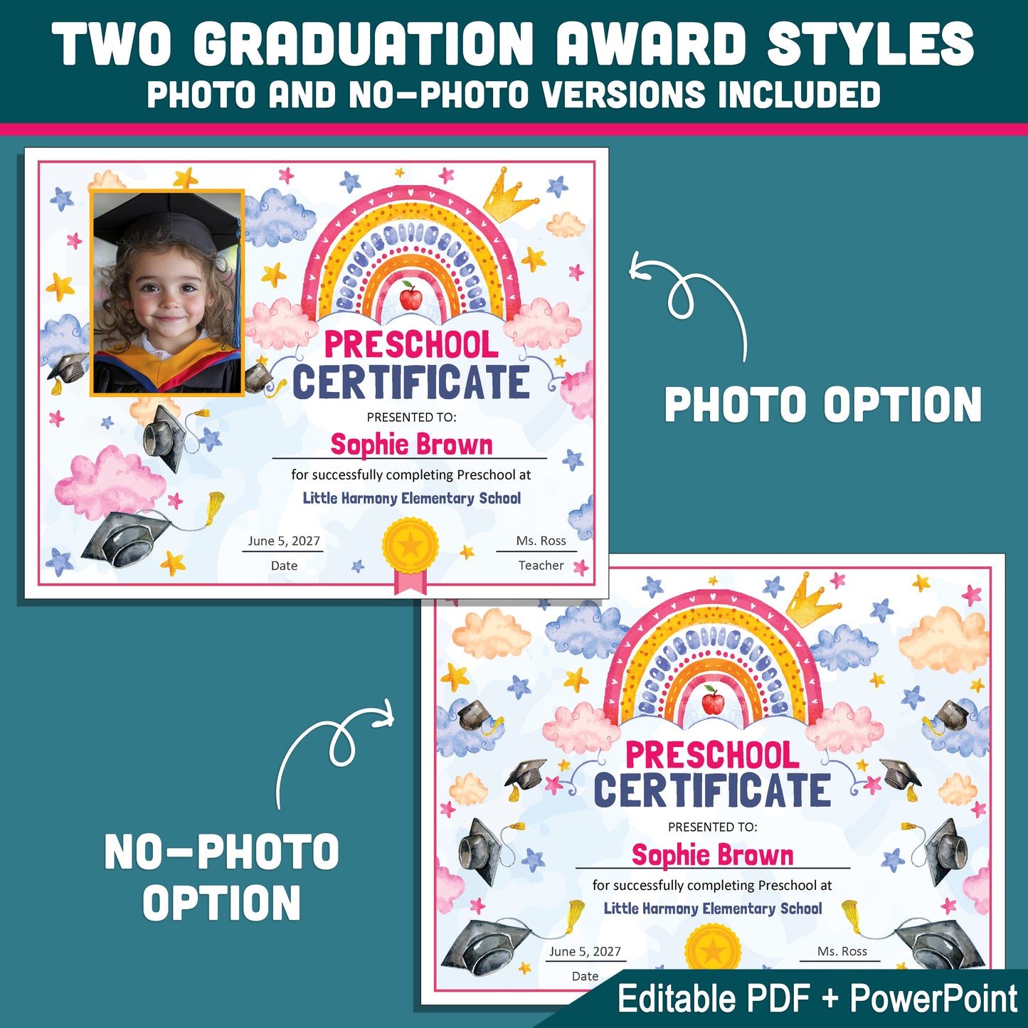 Preschool Completion Certificate, Watercolor Rainbow Stars Theme, Editable End of Year Award Set, Photo and No Photo, PDF and PowerPoint