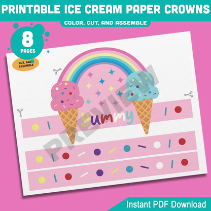 Ice Cream Crown Headbands & Hats for Summer Fun – Printable Kids Activity, 4 Cute Designs, Pre-Colored + Black & White, 8 Pages PDF