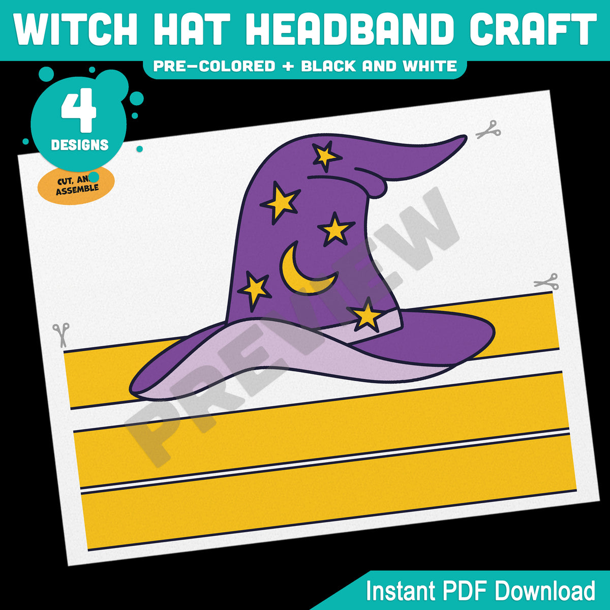 Witch Hat Headband & Crown Craft, Halloween Craft Templates for Kids, Paper Witch Hat, Pre-Colored + Black & White Printable Activity