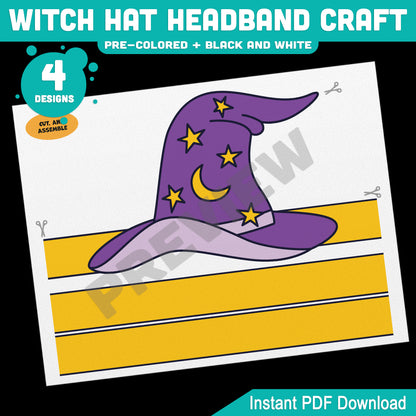 Witch Hat Headband & Crown Craft, Halloween Craft Templates for Kids, Paper Witch Hat, Pre-Colored + Black & White Printable Activity
